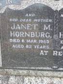 Albert HORNBURG, husband father,
died 23 Mar 1939 aged 60 years;
Janet M. HORNBURG, mother,
died 8 Mar 1965 aged 82 years;
Alfred George HORNBURG,
1902 - 1986;
Ma Ma Creek Anglican Cemetery, Gatton shire