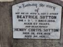 Beatrice SUTTON, wife mother,
died 26 March 1950 aged 57 years;
Henry Curtis SUTTON, father,
died 29 Feb 1975 aged 80 years;
Ma Ma Creek Anglican Cemetery, Gatton shire