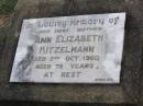 Ann Elizabeth KITZELMANN, mother,
died 3 Oct 1960 aged 78 years;
Ma Ma Creek Anglican Cemetery, Gatton shire