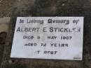 Albert E. STICKLEN,
died 9 May 1957 aged 72 years;
Ma Ma Creek Anglican Cemetery, Gatton shire