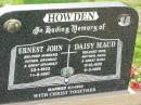 Ernest John HOWDEN,
husband father grandad great-grandad,
22-1-1903 - 14-8-1997;
Daisy Maud HOWDEN,
wife mother nana great-nana,
17-12-1905 -6-3-1999;
married 9-1-1934;
Ma Ma Creek Anglican Cemetery, Gatton shire