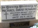 Michael David HOWARD,
infant son of John & Margaret,
died 26 Oct 1974;
Trae Anthony,
23 - 24-10-1997,
forever Rachel;
Ma Ma Creek Anglican Cemetery, Gatton shire