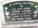 Mary LUCAS, mother,
died 19 Jan 1967 aged 76 years;
Ma Ma Creek Anglican Cemetery, Gatton shire