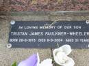 Ivy May FAULKNER, wife mother grandmother,
born 11-6-1930 died 24-1-1988;
Harold Hubert FAULKNER, father grandfather,
born 15-7-1922 died 27-2-1990;
Tristan James FAULKNER-WHEELER, son,
born 28-6-1973 died 8-9-2004 aged 31 years;
Ma Ma Creek Anglican Cemetery, Gatton shire