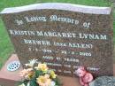 Kristin Margaret Lynam BREWER (nee ALLEN),
2-3-1949 - 29-4-2000 aged 51 years;
Maclean cemetery, Beaudesert Shire