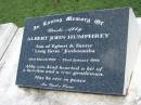 Albert John HUMPHREY (Uncle Abby),
son of Egbert & Fanny, Long Farm, Jimboomba,
23 March 1922 - 22 Jan 1996;
Maclean cemetery, Beaudesert Shire