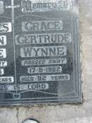 Charles Logan WYNNE,
died 19-4-1986 aged 95 years;
Grace Gertrude WYNNE,
died 17-8-1982 aged 92 years;
Maclean cemetery, Beaudesert Shire