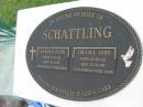SCHATTLING, Harold John,
born 6-5-23 died 15-1-93;
SCHATTLING, Thelma John,
born 10-10-22 died 23-5-99;
Maclean cemetery, Beaudesert Shire