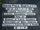 Brian Paul BARTLETT,
12-2-43 - 4-3-86,
father of Craig, Brandon, Shaun,
son of Madge & late George,
brother of Max, Adrian, Priscilla,
Garth, Ross & Naomi;
Maclean cemetery, Beaudesert Shire