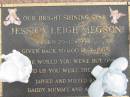 Jessice Leigh MEGSON,
born 29-12-1994 died 18-4-1995,
missed daddy, mummy & A?;
Maclean cemetery, Beaudesert Shire
