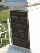 Christen POULSEN, died 11 July 1909 aged 70 years;
Johanne, wife, died 29 Sept 1936 aged 89 years;
Mariana MARTIN, daughter, born 12 May 1879 died 17 Mar 1965;
George Frederick MARTIN, 1913 - 1976;
Thelma Jesse MARTIN, 1913 - 1988;
Marburg Anglican Cemetery, Ipswich