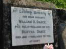 parents;
William H. DANCE, died 16 Dec 1924 aged 58 years;
Bertha DANCE, died 1 June 1953 aged 79 years;
Marburg Anglican Cemetery, Ipswich