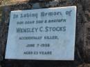 Wensley C. STOCKS,
accidentally killed 7 June 1958 aged 23 years,
son brother;
Marburg Anglican Cemetery, Ipswich
