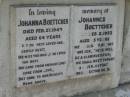 Johanna BOETTCHER, died 27 Feb 1943 aged 64 years;
Johannes BOETTCHER, died 2 Feb 1953 aged 75 years;
Marburg Lutheran Cemetery, Ipswich