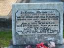Wilhelmina Christina SCHUMANN, wife mother,
died 18 June 1955 aged 73 years;
Joyce Ada SCHUMANN,
died 3 May 1954 aged 31 years;
Paul SCHUMANN, father,
died 7 Oct 1962 aged 81 years;
Marburg Lutheran Cemetery, Ipswich