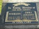 SCHULZ, parents;
Hermann, died 15-1-1981 aged 84 years;
Emma Johanne, died 23-2-1967 aged 72 years;
Marburg Lutheran Cemetery, Ipswich
