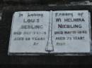 Louis NIEBLING,
died 17 July 1949 aged 88 years;
Wilhelmina NIEBLING,
died 15 May 1940 aged 73 years;
Marburg Lutheran Cemetery, Ipswich