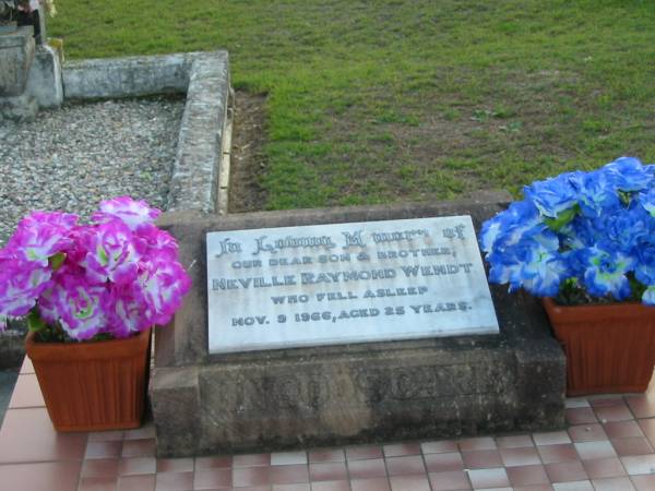 Neville Raymond WENDT, son brother,  | died 9 Nov 1966 aged 25 years;  | Marburg Lutheran Cemetery, Ipswich  | 