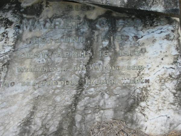 Gottfrid GIESS,  | born 2 April 1831 died 6 Jan 1911;  | Magreta GIESS,  | born 11 June 1826 died 16 April 1913;  | Marburg Lutheran Cemetery, Ipswich  | 