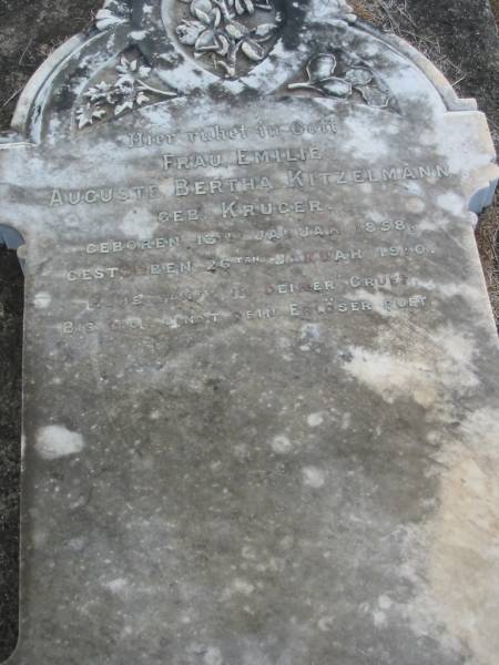 Frau Emilie Auguste Bertha KITZELMANN, nee KRUGER,  | born 13 Jan 1858 died 26 Jan 1910;  | Marburg Lutheran Cemetery, Ipswich  | 