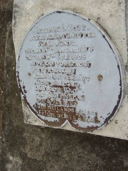 Anna WENDT, mother,  | born 16 Jan 1877 died 6 July 1905;  | Marburg Lutheran Cemetery, Ipswich  | 