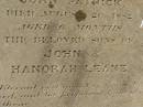 Timothy Joseph LEANE,
died 23 Feb 1894 aged 24 years;
John Patrick LEANE,
died 20 Aug 1882 aged 6 months;
sons of John & Hanorah LEANE;
Meringandan cemetery, Rosalie Shire