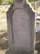 Christina MIRCHINN,
born at Wertemberg Germany,
died North Farm? Goombungee
2 Oct 1895? aged 61 years;
Meringandan cemetery, Rosalie Shire