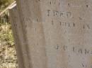 Anna Maria LANG,
wife of Fred J. LANG,
died 1 May 1911? in 20th year;
Private J.C. LANG,
killed in action France 4 Oct 1917 aged 23 years,
son of J. & E. LANG;
Meringandan cemetery, Rosalie Shire