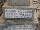 Johann Nicolous Detleft WIEDEN,
father,
died 8 Dec 1904 aged 98 years;
Abel Friedericke WIEDEN,
mother,
died 26 Sept 1907 aged 68 years;
natives of Hemmingstedt Germany;
Deleft Nicolous Christian WIEDEN,
son,
died 5 Dec 1901 aged 28 years;
Meringandan cemetery, Rosalie Shire