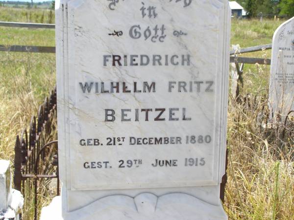 Friedrich Wilhelm Fritz BEITZEL,  | born 21 Dec 1880 died 29 June 1915;  | Milbong St Luke's Lutheran cemetery, Boonah Shire  | 
