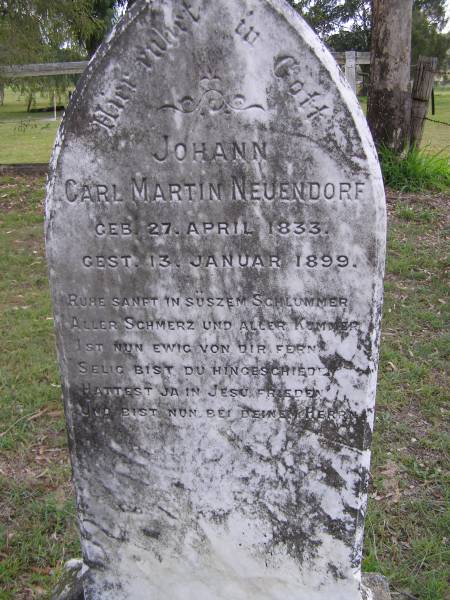 Johann Carl Martin NEUENDORF,  | born 27 April 1833 died 13 Jan 1899;  | Minden Baptist, Esk Shire  | 