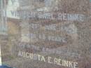 Wilhelm Carl REINKE
d: 20 Jun 1946 aged 69
Augusta E REINKE
7 Sep 1959, aged 83
Minden Zion Lutheran Church Cemetery