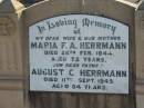 Maria F A HERRMANN
26 Feb 1944, aged 72
August C HERRMANN
11 Sep 1949, aged 84
Minden Zion Lutheran Church Cemetery