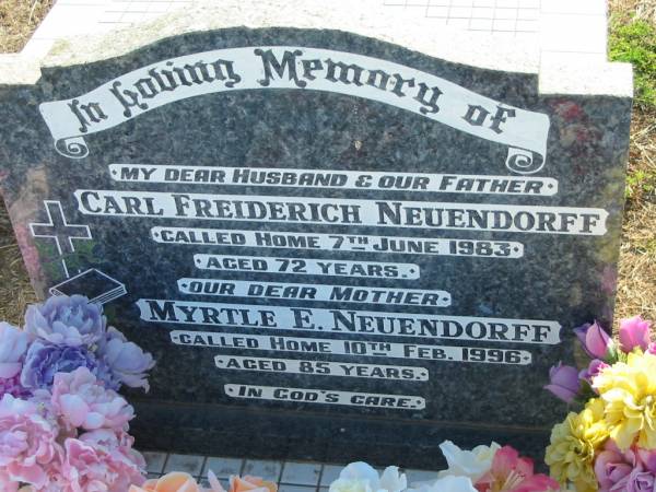 Carl Freiderich NEUENDORFF  | 7 Jun 1983, aged 72  | Myrtle E NEUENDORFF  | 10 Feb 1996, aged 85  | Minden Zion Lutheran Church Cemetery  | 