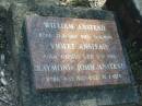 
William Anstead
B: 31-3-1904 
D: 11-8-1989

Violet Anstead
B: 1-2-1900
D: 3-10-1985

Raymond John Anstead
B: 8-12-1947
D: 15-2-1979

Moggill Historic cemetery (Brisbane)
