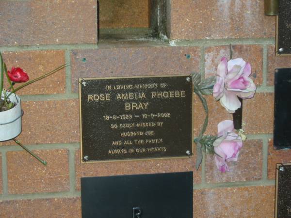 Rose Amelia Phoebe BRAY,  | 18-6-1928 - 10-9-2002,  | missed by husband Joe & family;  | Mooloolah cemetery, City of Caloundra  |   | 