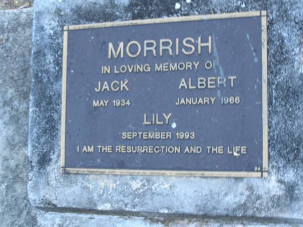 Jack MORRISH,  | died May 1934;  | Albert MORRISH,  | died Jan 1966;  | Lily MORRISH,  | died Sept 1993;  | Mooloolah cemetery, City of Caloundra  |   | 