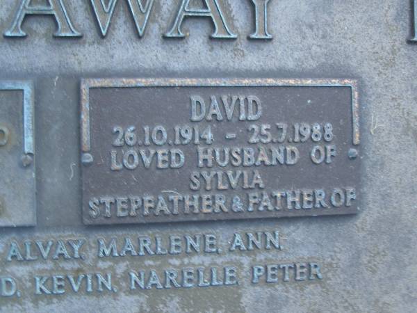 Isabel Sylvia OTTAWAY,  | 28-8-1922 - 6-5-1980,  | wife of David,  | mother of Alice, Alicia, Alvay, Marlene, Ann,  | Christine, David, Kevin, Narelle, Peter;  | David OTTAWAY,  | 26-10-1914 - 25-7-1988,  | husband of Sylvia,  | stepfather & father of Alice, Alicia, Alvay, Marlene, Ann,  | Christine, David, Kevin, Narelle, Peter;  | Mooloolah cemetery, City of Caloundra  |   | 