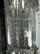 Thomas LAXTON, senr,
died 7 June 1900 aged 72 years;
Fanny Shakles? LAXTON,
mother,
wife of John Charles LAXTON,
of Mooloolah,
died 24 April 1914 aged 48 years;
John Charles LAXTON,
father,
died 11 Nov 1921 aged 65 years;
Mooloolah cemetery, City of Caloundra