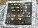 Henry Hope GRIFFITHS,
12-1-1922 - 1-5-2005;
Gloria Patricia GRIFFITHS,
3-2-1927 - 25-5-2005;
Mooloolah cemetery, City of Caloundra