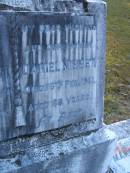 Janet NISBET,
mother,
died 10 Nov 1954 aged 77 years;
Daniel NISBET,
husband father,
died 16 Feb 1941 aged 68 years;
Jessie Wishart NISBET,
died 18 Aug 1993 aged 82 years;
Margaret McAinsh NISBET,
died 6 Dec 1995 aged 87 years;
Mooloolah cemetery, City of Caloundra