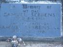 Samuel SEBBENS,
dad,
died 8-6-1956;
Samuel SEBBENS (junr),
brother,
died 23-3-1981;
Mooloolah cemetery, City of Caloundra