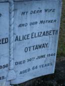 Thomas Alfred OTTAWAY,
father,
died 8 June 1956 aged 76 years;
Alice Elizabeth OTTAWAY,
wife mother,
died 30 June 1946 aged 64 years;
Mooloolah cemetery, City of Caloundra