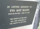 Bernard Ormond BAKER,
born 14-5-1894,
died 17-8-1976;
Eva May BAKER,
born 30-10-1893,
died 10-1-1977;
Mooloolah cemetery, City of Caloundra
