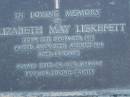 Elizabeth May LIEKEFETT,
born 7 Dec 1913,
died 27 Aug 1978 aged 64 years;
Eric James LIEKEFETT,
died 12 June 1988 in 81st year;
Mooloolah cemetery, City of Caloundra