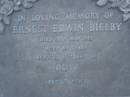 Ernest Edwin BIELBY,
died 18 May 1983 aged 69 years,
husband of Olive;
Mooloolah cemetery, City of Caloundra