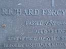 Richard Percy LARSEN,
died 8-4-1989 aged 78 years,
remembered by wife Violet,
children Selwyn, Marcia, Joan & Phyllis
& grandchildren;
Mooloolah cemetery, City of Caloundra