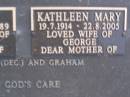 George BRIDGES,
29-1-1916 - 24-2-1989,
husband of Kathleen,
father of Pamela (dec) & Graham;
Kathleen Mary BRIDGES,
19-7-1914 - 22-8-2005,
wife of George,
mother of Pamela (dec) & Graham;
Mooloolah cemetery, City of Caloundra