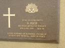 S. RIZZI,
died 9 June 1995 aged 89 years,
husband of Florence,
father of Doreen & Patricia;
Mooloolah cemetery, City of Caloundra