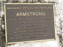 Margaret (Peggy) Westmoreland ARMSTRONG,
7-3-1920 - 20-9-1995,
wife of Ernest Leslie 1-4-1914 - 30-7-1983,
mother of Lesley & Ann,
grandmother of Gary, Stuart, Emma-Kate & Brett;
Mooloolah cemetery, City of Caloundra